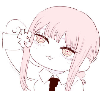 1girl chainsaw_man chibi chibi_only collared_shirt deer60868637 limited_palette long_hair makima_(chainsaw_man) necktie open_mouth pink_hair ringed_eyes shirt sidelocks solo yellow_eyes