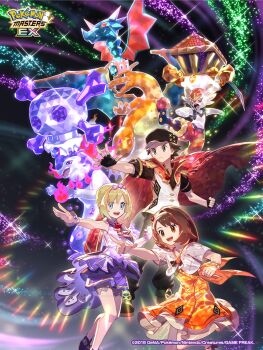 1boy 2girls :d black_gloves black_hat blonde_hair brown_eyes brown_hair cape charizard cinderace closed_mouth commentary_request dress fingerless_gloves gen_1_pokemon gen_8_pokemon gloria_(anniversary_2025)_(pokemon) gloria_(pokemon) gloves hat highres hisuian_typhlosion irida_(anniversary_2025)_(pokemon) irida_(pokemon) jacket multiple_girls nintendo official_alternate_costume official_art open_mouth orange_dress outstretched_arm pointing pokemon pokemon_(creature) pokemon_masters_ex red_(anniversary_2025)_(pokemon) red_(pokemon) red_cape shirt shoes short_hair smile terastallization vest watermark wrist_cuffs