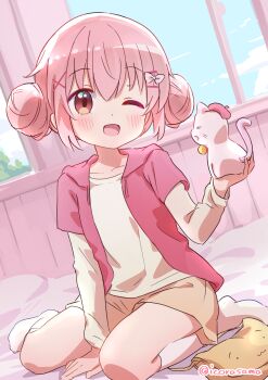 1girl ;d absurdres animal between_legs blue_sky blush bow brown_shorts cat cloud collarbone comic_girls day double_bun eyebrows_hidden_by_hair full_body hair_between_eyes hair_bow hair_bun hair_ornament hairclip hand_between_legs highres holding hood hooded_jacket icorasama indoors jacket kneehighs layered_sleeves long_sleeves looking_at_viewer moeta_kaoruko no_shoes on_bed one_eye_closed open_clothes open_jacket open_mouth pink_hair pink_jacket red_eyes shirt short_over_long_sleeves short_sleeves shorts sitting sky smile socks solo twitter_username wariza white_shirt white_socks window x_hair_ornament