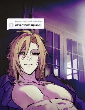 1boy absurdres blonde_hair collared_shirt cover_them_up_slut_(meme) dialogue_box flexing_pectorals heterochromia highres hugo_vlad large_pectorals meme mole mole_under_eye muscular parted_bangs pectoral_focus pectorals photo_background pointy_ears purple_shirt red_eyes shirt smyecc solo unbuttoned unbuttoned_shirt window yellow_eyes zenless_zone_zero