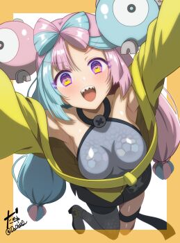 1girl artist_name blue_hair blush bow-shaped_hair breasts character_hair_ornament commentary_request criss-cross_halter dachax2 fake_hair_bun gen_1_pokemon grey_pantyhose hair_ornament halter_shirt halterneck hexagon_print highres iono_(pokemon) jacket long_hair magnemite medium_breasts multicolored_hair nintendo open_mouth oversized_clothes pantyhose pantyhose_under_shorts pink_hair pokemon pokemon_sv sharp_teeth shorts single_leg_pantyhose sleeves_past_fingers sleeves_past_wrists smile solo split-color_hair teeth twitter_username x_(symbol) yellow_jacket