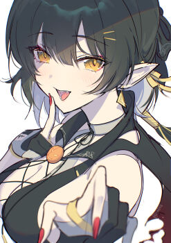 1girl bare_shoulders black_hair breasts cleavage commentary_request cross-laced_clothes cross-laced_top earrings female_rover_(wuthering_waves) fingernails halloween highres jewelry long_fingernails looking_at_viewer medium_breasts mutii nail_polish official_alternate_costume open_mouth pointy_ears red_nails rover_(wuthering_waves) sharp_fingernails smile solo triangle_earrings wuthering_waves yellow_eyes