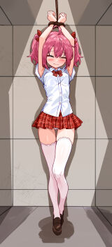 1girl ahoge armpits arms_up bakasp-lilzy bdsm blush bondage bound bound_wrists bow brown_shoes character_request closed_eyes closed_mouth collared_shirt commentary commission copyright_request double-parted_bangs english_commentary full_body hair_bow highres indoors large_variant_set loafers medium_hair microskirt panties pink_hair pixiv_commission plaid_clothes plaid_skirt pleated_skirt raised_inner_eyebrows red_bow red_skirt rope school_uniform shirt shoes short_sleeves skirt solo standing thighhighs twintails underwear variant_set white_panties white_shirt white_thighhighs wing_collar zettai_ryouiki