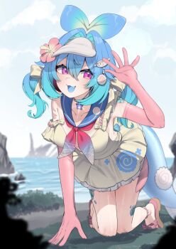 1girl absurdres blue_hair blue_sailor_collar blue_tongue bow breasts cloud cloudy_sky collarbone colored_tongue dress elbow_gloves fang flower gloves hair_between_eyes hair_bow hair_flower hair_intakes hair_ornament highres indie_virtual_youtuber kneeling lazuli_(vtuber) ocean pink_flower pink_gloves pink_shoes purple_eyes sailor_collar scales seal_hair_ornament shoes sky sleeveless sleeveless_dress solo valefal_coneri virtual_youtuber visor_cap white_bow white_dress