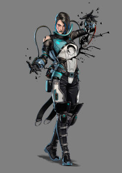 1girl absurdres apex_legends black_bodysuit black_eyeliner blue_eyes blue_hair blue_lips bodysuit breasts cable catalyst_(apex_legends) commentary english_commentary eyeliner full_body grey_background highres liquid looking_at_viewer makeup multicolored_hair official_art open_hands realistic shadow short_hair small_breasts smile solo soojung_lee streaked_hair walking