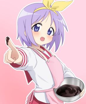 Rule 34 | 1girl, apron, blue eyes, blush, chocolate, dot nose, feet out of frame, female focus, food, hair ribbon, hiiragi tsukasa, holding, long sleeves, looking at viewer, lucky star, meisoochuu, mixing bowl, open mouth, pointing, purple hair, red sailor collar, ribbon, ryouou school uniform, sailor collar, school uniform, serafuku, shirt, short hair, simple background, skirt, solo, valentine, white shirt, yellow ribbon