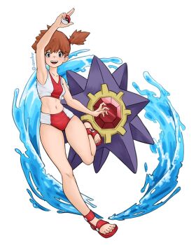 1girl :d arm_up armpits artist_name azurdrw bikini breasts brown_hair collarbone eyelashes feet full_body gen_1_pokemon grey_eyes hair_tie happy holding holding_poke_ball knees leg_up legs looking_at_viewer midriff misty_(pokemon) navel nintendo open_mouth orange_hair poke_ball poke_ball_(basic) pokemon pokemon_(anime) pokemon_(classic_anime) pokemon_(creature) pokemon_rgby ponytail red_bikini sandals short_hair side_ponytail simple_background small_breasts smile solo sports_bikini sports_bra standing standing_on_one_leg starmie swimsuit teeth toenails toes twitter_username upper_teeth_only water white_background