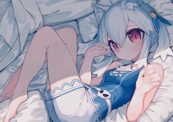 1girl animal_ears barefoot black_choker blue_tank_top blush bone breasts choker cleavage closed_mouth commentary dog_ears hair_between_eyes highres ketopon medium_hair original pillow red_eyes shorts sidelocks slit_pupils small_breasts tank_top twintails white_hair white_shorts