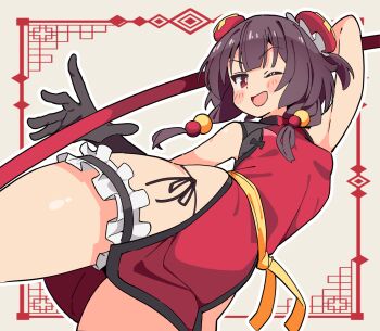 1girl ;d alternate_costume arm_behind_head arm_up bare_arms beads black_gloves blush_stickers border breasts bun_cover china_dress chinese_clothes commentary double_bun dress frilled_thigh_strap from_below gloves hair_beads hair_bun hair_ornament highres kono_subarashii_sekai_ni_shukufuku_wo! looking_at_viewer megumin noyama_takenoko one_eye_closed open_mouth ornate_border outline panties red_dress red_eyes side-tie_panties side_slit simple_background sleeveless sleeveless_dress small_breasts smile solo staff string_panties thigh_strap underwear white_background white_outline