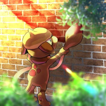 alternate_color black_eyes blurry blurry_foreground brick_wall commentary_request from_behind gen_2_pokemon highres holding_own_tail nintendo no_humans omega_takai painting_(action) pokemon pokemon_(creature) shiny_pokemon smeargle solo standing tail