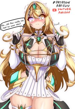 1girl anisdrawn bare_shoulders bikini blonde_hair blush breasts chest_jewel cleavage cleavage_cutout clothing_cutout commentary cowboy_shot dress english_commentary gold_bikini highres holding holding_swimsuit holding_unworn_clothes huge_breasts long_hair micro_bikini microdress mythra_(xenoblade) simple_background solo speech_bubble sweat swimsuit tiara trembling unworn_swimsuit white_background white_dress xenoblade_chronicles_(series) xenoblade_chronicles_2 yellow_eyes