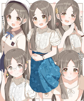 1girl :t absurdres adjusting_eyewear belt beret blouse blue_ribbon blue_skirt blunt_bangs blunt_ends blush brown_background brown_belt brown_eyes brown_hair brown_jacket brown_shirt closed_mouth collared_shirt commentary_request floral_print floral_print_skirt full_body gakuen_idolmaster glasses hair_ornament hand_on_eyewear hat hatsuboshi_gakuen_school_uniform high-waist_skirt highres idolmaster jacket kuramoto_china laurels leaf_hair_ornament long_hair looking_at_viewer multiple_views neck_ribbon open_mouth outside_border own_hands_together parted_bangs pleated_skirt pout print_skirt raichita ribbon school_emblem school_uniform shirt short_sleeves skirt smile upper_body watch white_background white_hat white_shirt wristwatch