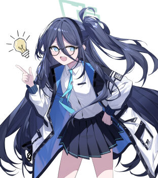 Rule 34 | 1girl, absurdres, aris (blue archive), bespectacled, black hair, blue archive, blue eyes, blush, breasts, commentary request, elinnasky, glasses, hair between eyes, hair ornament, hairband, highres, jacket, light bulb, long hair, looking at viewer, necktie, open mouth, simple background, solo, spoken light bulb, white background