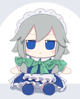Rule 34 | 1girl, :<, absurdres, apron, blue dress, blue eyes, blush stickers, bow, bowtie, braid, closed mouth, commentary, dress, frilled apron, frilled dress, frills, full body, fumo (doll), green bow, green bowtie, grey hair, hair bow, highres, izayoi sakuya, kame (kamepan44231), looking at viewer, maid, maid headdress, short hair, short sleeves, simple background, sitting, solo, touhou, twin braids, white apron, white background