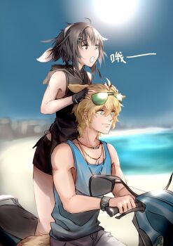 Rule 34 | 1boy, 1girl, absurdres, ahoge, animal ears, arknights, beach, black dress, black eyes, black gloves, black hair, black shorts, blonde hair, blue eyes, blue vest, blurry, blurry background, bracelet, brother and sister, brother and step-sister, chinese commentary, cityscape, closed mouth, collarbone, commentary request, dog boy, dog ears, dog tags, dress, ear piercing, earrings, eyewear on head, feather hair, felo2, fingerless gloves, gloves, green-tinted eyewear, grey shorts, hair between eyes, hair ornament, hairclip, hand on another's head, hand up, headband, highres, hood, hood down, jewelry, la pluma (arknights), looking ahead, motor vehicle, motorcycle, multiple necklaces, necklace, on motorcycle, open mouth, piercing, ribbon, shorts, siblings, sidelocks, sitting, sleeveless, sleeveless dress, smile, step-brother and step-sister, step-siblings, sun, sunglasses, tequila (arknights), tinted eyewear, translation request, turtleneck, vest, water, white headband, white ribbon