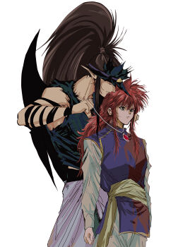 Rule 34 | 2boys, absurdres, brown hair, character request, chinese clothes, closed eyes, closed mouth, hiei4455, highres, jewelry, kurama (yu yu hakusho), long hair, long sleeves, male focus, multiple boys, necklace, pants, pointy ears, red hair, shirt, sidelocks, sleeveless, sleeveless shirt, topknot, torn clothes, torn sleeves, tunic, upper body, white background, yuu yuu hakusho