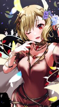 1girl ;d absurdres bare_shoulders blonde_hair breasts brown_dress citrinne_(fire_emblem) cleavage dress earrings fire_emblem fire_emblem_engage gold_choker gold_trim hair_ornament highres hoop_earrings jewelry large_breasts leather_wrist_straps looking_at_viewer mismatched_earrings mu_tu_bu nintendo one_eye_closed open_mouth red_eyes smile solo wing_hair_ornament