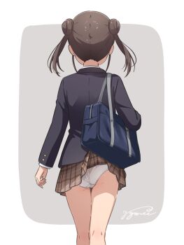 1girl accidental_exposure arm_at_side ass bag black_jacket blazer blue_bag border brown_hair brown_skirt clothes_lift commentary crotch_seam double_bun facing_away feet_out_of_frame from_behind grey_background gyorui_(katsuwo_drawing) hair_bun highres idolmaster idolmaster_shiny_colors jacket layered_sleeves long_sleeves medium_hair miniskirt outside_border panties pantyshot plaid_clothes plaid_skirt pleated_skirt school_bag school_uniform shoulder_bag signature simple_background skirt skirt_caught_on_object skirt_lift solo sonoda_chiyoko standing underwear white_border white_panties