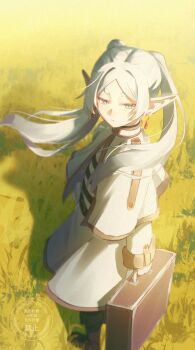 Rule 34 | 1girl, arc pic, capelet, earrings, elf, expressionless, frieren, full body, gold trim, green eyes, hashtag-only commentary, highres, holding, holding suitcase, jewelry, long hair, long pointy ears, long sleeves, outdoors, parted bangs, pointy ears, shirt, skirt, solo, sousou no frieren, standing, striped clothes, striped shirt, suitcase, teardrop earrings, thick eyebrows, twintails, white capelet, white skirt, wrist cuffs