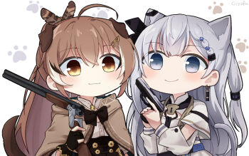 Rule 34 | 2girls, :3, ahoge, animal ears, black ribbon, braid, braided bangs, brown capelet, brown cloak, brown corset, brown eyes, brown hair, capelet, cat ears, cloak, corset, dog ears, elbow cutout, feather hair ornament, feathers, glock, gloves, grey hair, gun, gyaheung, hair ornament, hair ribbon, hairclip, handgun, hieroglyphics, holding, holding gun, holding weapon, hololive, hololive english, hololive indonesia, long hair, multicolored hair, multiple girls, nanashi mumei, nanashi mumei (1st costume), partially fingerless gloves, paw print, paw print background, ponytail, ribbon, shirt, shotgun, smile, streaked hair, very long hair, vestia zeta, vestia zeta (1st costume), virtual youtuber, weapon, white shirt