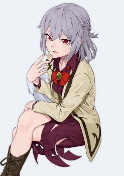 1girl boots brown_boots collared_dress crossed_legs dress grey_hair hand_on_own_leg hand_up hashtag-only_commentary highres jacket kashiwagi_(pixiv35005989) kishin_sagume long_sleeves looking_at_viewer medium_hair open_clothes open_jacket parted_lips purple_dress red_eyes sitting smile solo thighs touhou
