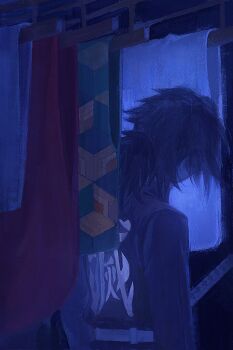 1boy belt black_hair black_jacket clothes_writing commentary_request demon_slayer_uniform from_behind haori high_collar highres jacket japanese_clothes katana kikkoumon kimetsu_no_yaiba long_hair low_ponytail male_focus nakaniwa_77 ponytail print_haori red_haori solo spiked_hair sword tomioka_giyuu upper_body weapon white_belt