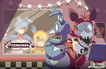 2boys 2girls against_glass animal_ears animatronic bar_censor blonde_hair bonnie_(fnaf) breast_press breasts breasts_on_glass censored chica chicken_girl colored_skin english_text eyepatch five_nights_at_freddy's five_nights_in_anime_(fangame) fox fox_ears foxy_(fnaf) freckles furry furry_female genderswap genderswap_(mtf) hand_on_glass hook_hand huge_breasts large_breasts multiple_boys multiple_girls natsz_(natszzzzz) no_nipples office open_mouth red_thong robot sharp_teeth shiny_skin short_hair smile speech_bubble teeth window yellow_skin