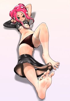 1girl accessory_tan agent_8_(splatoon) arms_behind_head asymmetrical_sleeves black_panties black_skirt breasts cameltoe clothes_pull crop_top female_focus fingernails highres koharu2.5 long_sleeves looking_at_viewer lying navel nintendo octoling octoling_girl octoling_player_character octopus_tentacles on_back open_mouth orange_eyes panties partially_unzipped partially_visible_vulva pink_hair sharp_fingernails sharp_toenails short_sleeves skirt skirt_around_one_leg skirt_pull smile soles solo splatoon_(series) splatoon_2 splatoon_2:_octo_expansion tan tanline tanlines teeth tentacle_hair toenails underboob underwear upper_teeth_only zipper_top