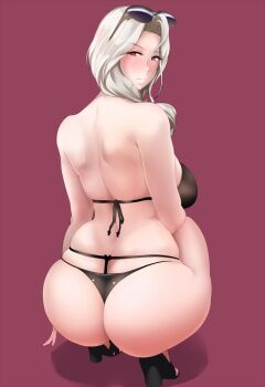 1girl ass bikini black_bikini blush breasts carmilla_(fate) carmilla_(swimsuit_rider)_(third_ascension)_(fate) commentary_request eyewear_on_head fate/grand_order fate_(series) female_focus from_behind full-face_blush high_heels huge_ass large_breasts magenta_background medium_hair pink_background plump shadow skindentation solo sunglasses swimsuit thong thong_bikini ueda_torini white_hair