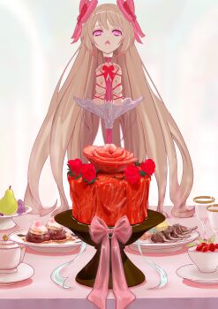1girl cake cannibalism chaos_marie_(grimms_notes) corpse death decapitation empty_eyes feet flower food fruit glass grimms_notes guro gynophagia impaled john0819 long_hair looking_at_viewer meat_cake nipples open_mouth pear pink_eyes plate ribbon rose saliva severed_breast severed_head severed_limb simple_background sliced_meat solo teapot tongue white_background