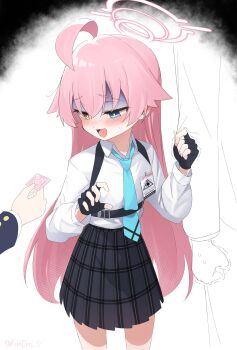 1boy 1girl absurdres ahoge black_gloves black_skirt blue_archive blue_eyes blue_necktie blush clothes_grab collared_shirt condom condom_wrapper fingerless_gloves gloves halo heterochromia highres holding holding_condom hoshino_(blue_archive) kandori long_hair long_sleeves necktie open_mouth pink_hair pink_halo shaded_face shirt shirt_tucked_in skirt sleeve_grab solo_focus very_long_hair white_shirt yellow_eyes