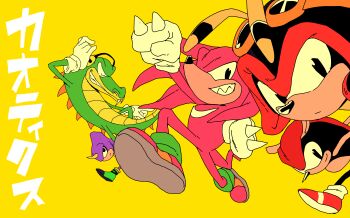 5boys absurdres animal_nose antennae arthropod_boy bee_boy black_eyes charmy_bee clenched_hands closed_eyes closed_mouth espio_the_chameleon furry furry_male gloves grin headphones helmet highres knuckles&#039;_chaotix knuckles_the_echidna looking_at_viewer male_focus mighty_the_armadillo multiple_boys red_footwear reptile_boy shoes simple_background smile sonic_(series) sonic_the_hedgehog_(classic) tokiwa757 translation_request vector_the_crocodile white_gloves yellow_background