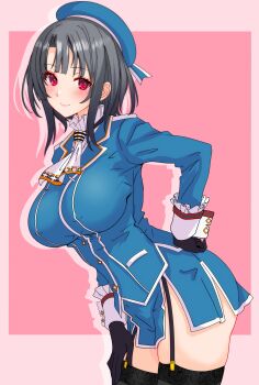 1girl absurdres ascot beret black_gloves black_hair black_thighhighs blue_hat blue_jacket blush breasts commentary_request cowboy_shot garter_straps gloves hat highres jacket kantai_collection large_breasts looking_at_viewer military military_uniform nitamako_(sakamalh) pink_background red_eyes revision short_hair skirt smile solo takao_(kancolle) thighhighs