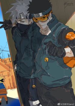 3boys arm_around_neck bandaged_leg bandages bell black_eyes black_footwear black_gloves black_headband black_pants black_sleeves black_vest blonde_hair blue_jacket blue_sky collared_vest commentary cowboy_shot dated day english_commentary food from_behind fruit gloves goggles green_headband green_vest half-closed_eyes hands_in_pockets hatake_kakashi headband high_collar highres holding holding_string jacket jingle_bell kami_off_record looking_at_viewer male_focus mask mouth_mask multicolored_jacket multiple_boys naruto_(classic) naruto_(series) orange-tinted_eyewear orange_(fruit) orange_jacket orange_pants orange_slice outdoors pants power_lines shoes signature sky spiked_hair string tinted_eyewear two-sided_sleeves two-tone_jacket uchiha_obito uzumaki_naruto v vest village watermark weibo_watermark white-framed_eyewear white_hair