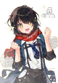 1boy absurdres black_hair black_pants blue_jacket collared_shirt hair_ornament hairpin highres jacket looking_at_viewer mashiro_meme mashiro_meme_(1st_costume) nijisanji open_mouth pants red_scarf scarf shirt smile solo suspender_pants teeth trap upper_teeth_only virtual_youtuber white_background white_shirt yellow_eyes yuiitsu