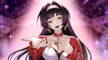 1girl absurdres astra_yao black_hair breasts choker cleavage collarbone commentary dazed_pedler dress earrings english_commentary fingernails hair_intakes hairband hand_on_own_chest hand_up highres jewelry large_breasts long_hair long_sleeves looking_at_viewer music nail_polish necklace open_mouth purple_background red_choker red_dress red_eyes red_nails singing smile solo sparkle uneven_bangs upper_body white_hairband zenless_zone_zero