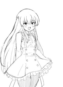 1girl :d arm_at_side assault_lily bare_arms bare_shoulders blush buttons cowboy_shot egawa_kusumi fang flower frilled_shirt frilled_skirt frills greyscale hair_between_eyes hair_flower hair_ornament high-waist_skirt highres long_hair looking_at_viewer monochrome neck_ribbon open_mouth pantyhose raised_eyebrows ribbon school_uniform shirt sidelocks simple_background sketch skirt skirt_hold sleeveless sleeveless_shirt smile solo standing suspender_skirt suspenders unu_(yayoinoasagohan) very_long_hair white_background yurigaoka_girls_academy_school_uniform