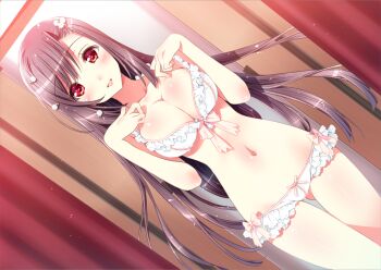1girl asymmetrical_bangs bare_legs bare_shoulders blush bow bow_bra bow_panties bra breasts brown_hair cleavage cowboy_shot dutch_angle female_focus friends_(aile) game_cg gem hair_ornament hairpin happy kamiya_maneki lace lace-trimmed_panties lace_trim large_breasts lingerie long_hair nachi_yuuka navel panties pearl_(gemstone) red_eyes ribbon ribbon-trimmed_underwear ribbon_trim solo thigh_gap underwear underwear_only very_long_hair white_bra white_panties