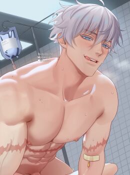 Rule 34 | 1boy, 1other, abs, baobei (baobei bu), blue eyes, blush, collarbone, commentary, english commentary, gojou satoru, highres, jujutsu kaisen, male focus, navel, nipples, nude, pectorals, penis, penis peek, scar, scar on arm, scar on stomach, short hair, solo focus, sweat, teeth, tongue, twitter username, white hair