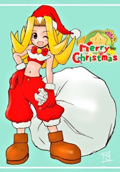 1girl astra_super_stars bandeau bare_shoulders blonde_hair blue_background bow bowtie brown_shoes christmas commentary_request darumatensi fewer_digits full_body fur-trimmed_gloves fur-trimmed_headwear fur-trimmed_pants fur_trim gloves hand_on_own_hip hat holding holding_sack long_hair looking_at_viewer merry_christmas midriff navel one_eye_closed open_mouth pants puffy_pants red_bandeau red_bow red_bowtie red_gloves red_pants rouge_(astra_super_stars) sack santa_costume santa_hat shoes signature smile solo standing star_(symbol)