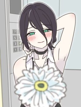 1girl arm_behind_head black_choker black_hair blurry blurry_foreground blush chainsaw_man choker collared_shirt elevator flower green_eyes grenade_pin hair_between_eyes hair_bun highres kazkitashima reze_(chainsaw_man) shirt short_hair sleeveless sleeveless_shirt solo white_shirt