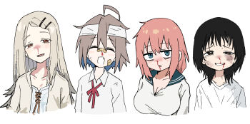 4girls bandaid bandaid_on_face black_hair blood breasts commentary do_it_yourself!! flat_chest gakuen_idolmaster highres idolmaster kuze_shizuka large_breasts michinoku_komaro multiple_girls nosebleed seitokai_ni_mo_ana_wa_aru! shinosawa_hiro takopii_no_genzai tenten_(chan4545) yua_serufu