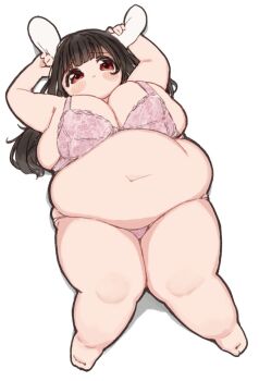 1girl arms_up belly big_belly black_hair blush bra breasts cleavage fat fat_woman from_above hand_on_own_ear huge_belly large_breasts lingerie long_hair lying munimuni_kinoko navel obese on_back original panties pink_bra pink_panties rabbit_ears red_eyes skindentation solo thick_arms thick_thighs thighs underwear white_background
