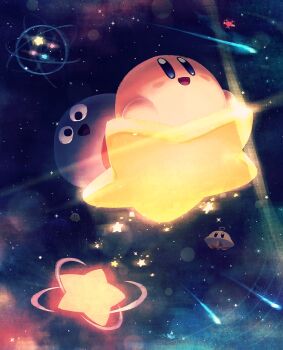 blue_eyes blush_stickers comet gooey_(kirby) highres kirby kirby_(series) lens_flare looking_up lor_starcutter nintendo open_mouth planet_popstar ripple_star shine smile star_(sky) star_(symbol) suyasuyabi ufo_(kirby) warp_star