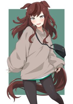1girl :d absurdres adjusting_clothes alternate_costume alternate_hairstyle animal_ears bag baggy_clothes black_pantyhose blush border brown_hair casual commentary_request cowboy_shot ears_down fang green_background grey_shirt handbag highres horse_ears horse_girl horse_tail long_sidelocks looking_at_viewer loose_clothes loose_shirt medium_hair multicolored_hair nice_nature_(umamusume) open_mouth outside_border pantyhose shijimi_(sijimi1917) shirt shoulder_bag sidelocks skin_fang sleeves_past_wrists smile solo standing streaked_hair swept_bangs tail umamusume v-shaped_eyebrows white_border wide_sleeves yellow_eyes