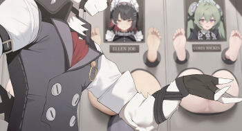 1boy 3girls absurdres alexandrina_sebastiane arms_behind_back ass bad_tag barefoot black_gloves black_hair black_shirt blurry closed_mouth colored_inner_hair commentary_request convenient_censoring corin_wickes dog_boy ellen_joe fingerless_gloves fins fish_tail furry glory_wall gloves green_hair highres long_hair maid maid_headdress medium_hair multicolored_hair multiple_girls photo_(object) purple_eyes red_eyes red_hair redshark_(t373412) shark_girl shark_tail shirt short_sleeves sleeves_rolled_up smile tail through_wall von_lycaon white_fur zenless_zone_zero