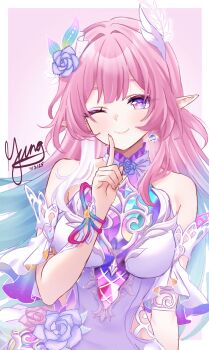 1girl ;) absurdres aqua_hair artist_name bare_shoulders breasts closed_mouth cyrene_(honkai:_star_rail) cyrene_(ripples_of_past_reverie)_(honkai:_star_rail) dated diamond-shaped_pupils diamond_(shape) earrings flower hair_flower hair_ornament highres honkai:_star_rail honkai_(series) index_finger_raised jewelry large_breasts long_hair looking_at_viewer multicolored_hair one_eye_closed pink_hair pointy_ears purple_background purple_eyes signature simple_background single_earring smile solo symbol-shaped_pupils upper_body very_long_hair white_hair yuna_(meoowpuffs)