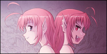 1girl 2girls blush dual_persona fairy felarya green_eyes grin karbo multiple_girls pink_hair pointy_ears red_eyes sharp_teeth smile solo teeth