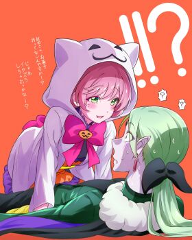 Rule 34 | !?, 1boy, 1girl, :3, ?, animal hood, back bow, battamonda, black pants, black ribbon, blue skin, blush, bow, bowtie, cat hood, coat, colored skin, commentary, dress, earrings, fang, frilled dress, frills, frown, fur-trimmed coat, fur trim, ghost costume, green coat, green eyes, hair ribbon, halloween costume, hetero, highres, hirogaru sky! precure, hood, hood up, hooded coat, jack-o'-lantern ornament, jewelry, kneeling, kyoutsuugengo, long hair, long sleeves, looking at another, low ponytail, lying, medium dress, nervous sweating, nijigaoka mashiro, on back, open mouth, orange background, orange dress, pants, pink hair, pointy ears, ponytail, precure, purple dress, red bow, red bowtie, ribbon, simple background, smile, spoken question mark, straddling, sweat, translated, two-tone dress, white coat