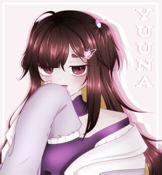 1girl bandaid bandaid_on_cheek bandaid_on_face blonde_hair border brown_eyes brown_hair character_name hair_ornament hairclip jacket long_hair looking_at_viewer love_angel_syndrome mole mole_under_eye multicolored_hair open_mouth pale_skin pink_background purple_jacket purple_shirt shirt short_twintails sleeves_past_fingers sleeves_past_wrists solo thick_eyebrows tsukimeansmoon twintails upper_body very_long_hair white_border yuuna_(love_angel_syndrome)